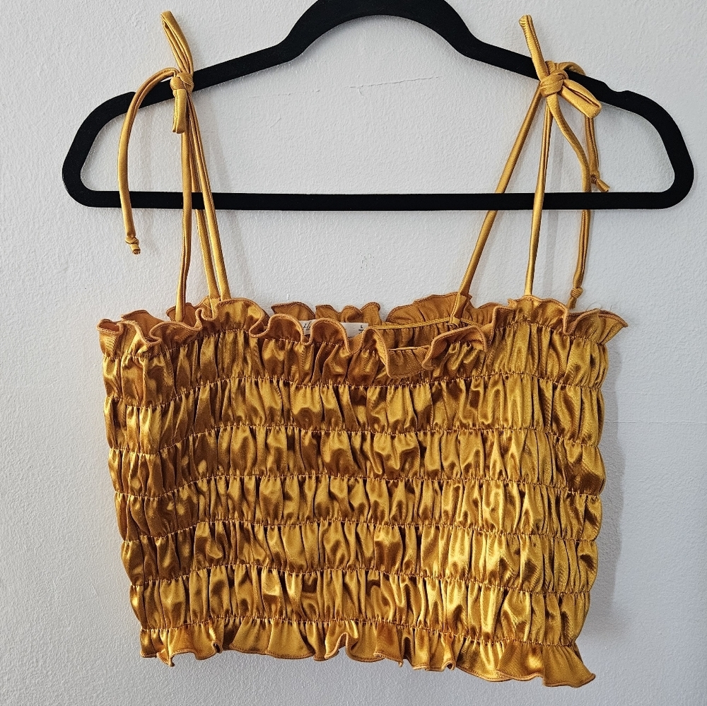 Heart & Hips Gold Smocked Ruched Tie Strap Crop Top Women's Size L NWOT